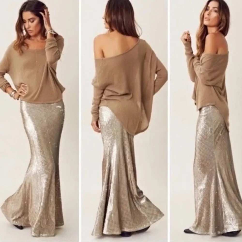 LINE + DOT Gold Sequin Mermaid Maxi‎ Skirt M LS5085A-ANT
